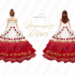 White & Red Miss Quince Clipart, Princess Dresses clipart, Mexican Dresses Gold Glitter Quinceañera, White Mis Quince Mexican sweet sixteen