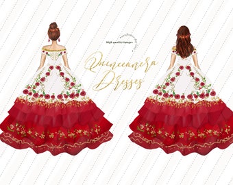 White & Red Miss Quince Clipart, Princess Dresses clipart, Mexican Dresses Gold Glitter Quinceañera, White Mis Quince Mexican sweet sixteen