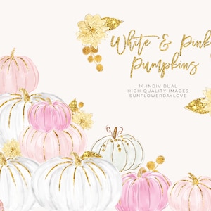 K&ouml;nnte beinhalten: Aquarell-Illustration mit wei&szlig;en, rosa und lavendelfarbenen K&uuml;rbissen mit goldenen Glitzerakzenten. Die K&uuml;rbisse sind mit goldenen floralen Elementen und dem Text "White & Pink Pumpkins" angeordnet.