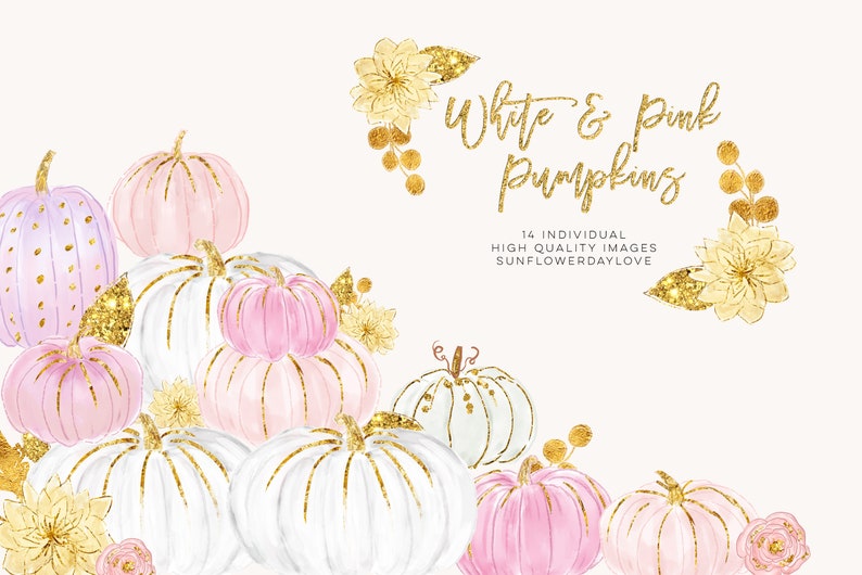 K&ouml;nnte beinhalten: Aquarell-Illustration mit wei&szlig;en, rosa und lavendelfarbenen K&uuml;rbissen mit goldenen Glitzerakzenten. Die K&uuml;rbisse sind mit goldenen floralen Elementen und dem Text "White & Pink Pumpkins" angeordnet.