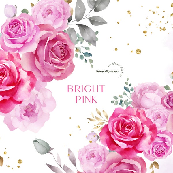 Elegant Bright Pink Flowers Watercolor Bouquets Clipart, Fuchsia pink Floral Wedding Premade Gold Geometric Frames, Soft Pink Party Supplies