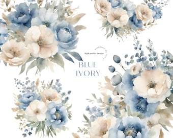 Clipart de bouquets aquarelle de fleurs bleu marine et ivoire élégant, cadres géométriques dorés premade mariage floral bleu, fournitures de fête florales blanches