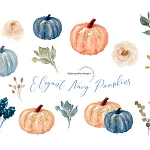 Elegant Navy Blue Pumpkin Clipart, Watercolor Fall Pumpkin Elements ...