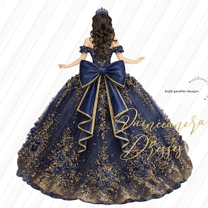 May include: Illustration of a navy blue ball gown with gold accents and floral embellishments. The dress features a large bow and off-the-shoulder sleeves. The text "Quinceañera Dresses" is visible.