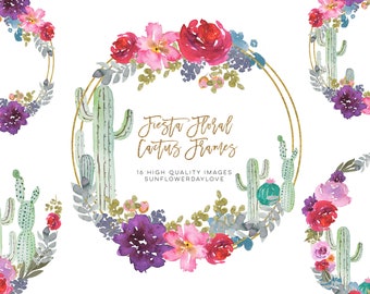 Mexican cactus floral wreath clip art, watercolor cacti frame clipart, floral cactus frame clip art, Cactus arrangement digital clip art