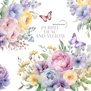 Aquarell Lila Flieder Blumen Clipart, Elegante Schmetterling Gelb Blumen Clipart, Lila Blumensträuße Hochzeit Geometrischer Goldrahmen