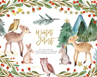 Winter Woodland Animals Clipart, Watercolor Pine Trees Clipart, Woodland Friends clipart, christmas clipart, Watercolor winter backgrounds