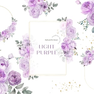 Elegant Light Purple Flowers Watercolor Bouquets Clipart, Lilac Floral Wedding Premade Gold Geometric Frames Light Purple Party Supplies