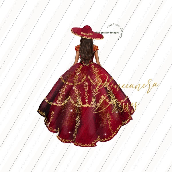 Clipart aquarelle princesse bordeaux, élégant chapeau de Quinceañera bordeaux rouge robes de mariée Mis coings anniversaire paillettes d'or Clipart, CA155