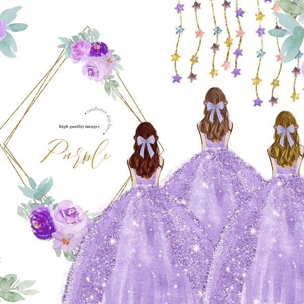 Purple Princess Dress Clipart, Purple Lilac Flowers watercolor clipart, Purple Quinceañera clipart, Lilac Wedding Gold Geometric, CA104