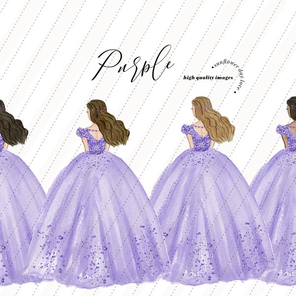 Purple Princess watercolor clipart, Purple Lilac Quinceañera clipart, Elegant Deep purple Wedding Dresses Mis quince 16th Birthday, CA108