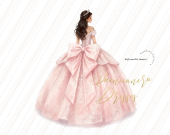 Pink Princess Dresses Quinceañera, Pink Glitter watercolor Clipart, Elegant Blush Pink clipart, Mis quince clipart invitation, S530
