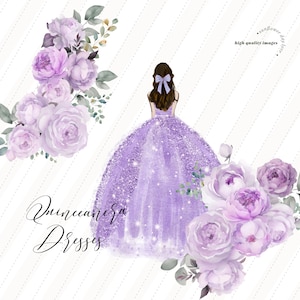 Lila Prinzessin Aquarell Clipart, Lila Flieder 16 Quinceaño Clipart, Elegante Lila Kleider Vorgefertigte Mis Quince Geburtstagsblumen, CA104