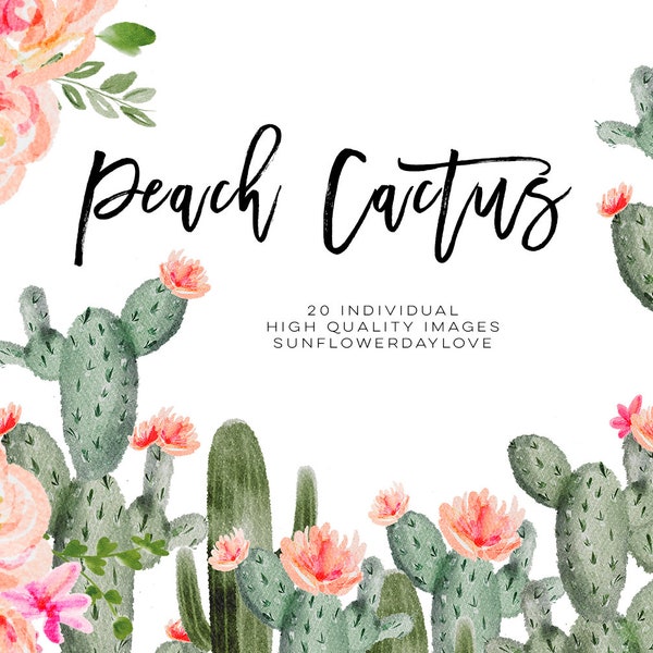Succulent Peach Watercolor Cliparts, Cactus Flower Clipart, Botanical Cacti Plant, Tropical Floral Pack, Watercolor Cactus Clip Art Floral
