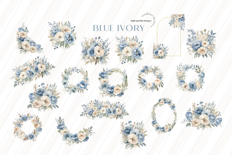 Elegant Navy & Ivory Flowers Watercolor Bouquets Clipart, Blue Floral Wedding Premade Gold Geometric Frames, White Floral Party Supplies image 3