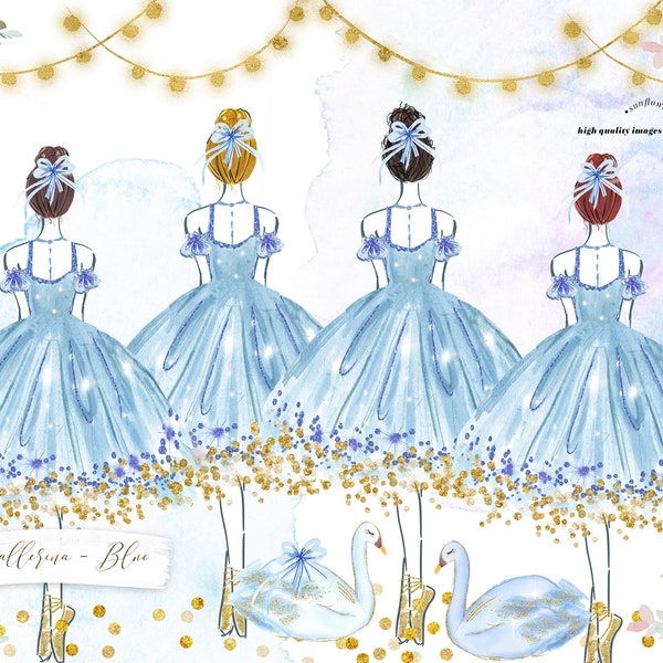 Modern Blue Princess Ballet Clipart, Elegant Blue & Gold Girl Flowers Tiara Ballerinas Watercolor Clipart, Greenery Blue Swan clipart,