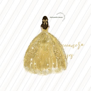 Vestidos elegantes de princesa dourados para quinceañera, flores brancas, aquarela, clipart, clipart floral com folhagens, cunhas geométricas douradas, moda, CA104