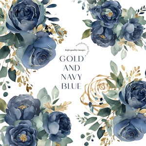May include: Watercolor floral bouquet with navy blue and gold roses, leaves, and stems. The text "GOLD AND NAVY BLUE" is in the center of the image.