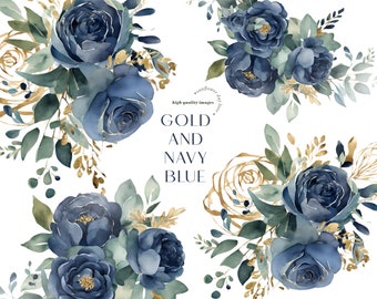 Elegant Navy & Gold Flower Watercolor Bouquets Clipart, Navy Blue Floral Wedding Premade Gold Floral Glitter Geometric Frames Party Supplies