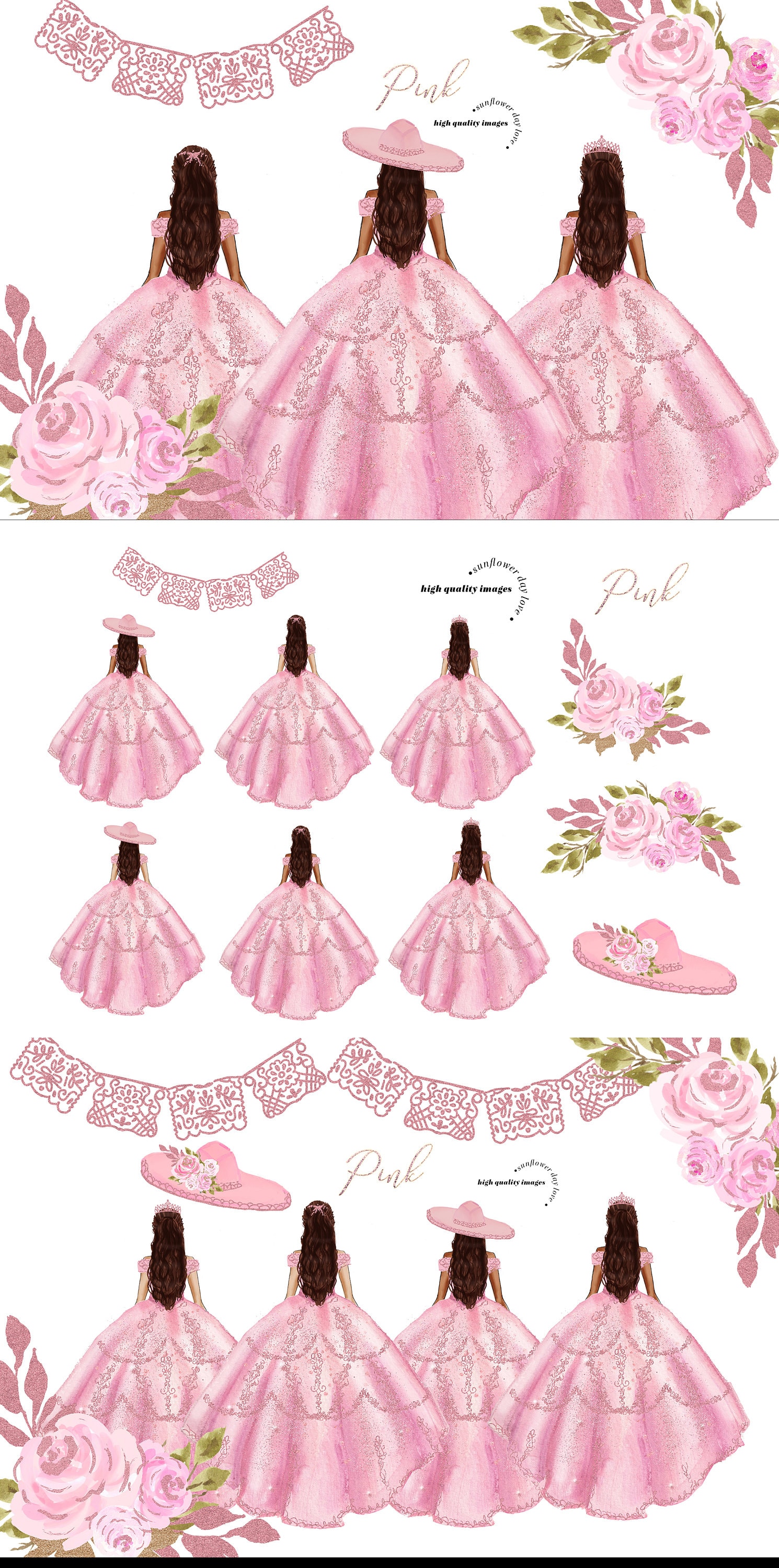 pink quinceanera dress clipart Elegant Rose Gold Princess Dresses Quinceañera Pink Flowers Watercolor  Clipart, Pink Butterfly Clipart, Mis Quince 15 Wedges Fashion, CA155