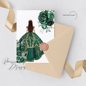 May include: A digital illustration of a woman wearing a green and gold ball gown with a crown. The gown has a floral pattern and the woman has long brown hair. The background is white with green and gold floral accents. The text "Sunflower Day Dreams" and "High Quality Images" is in the top right corner.