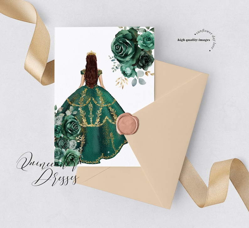 May include: A digital illustration of a woman wearing a green and gold ball gown with a crown. The gown has a floral pattern and the woman has long brown hair. The background is white with green and gold floral accents. The text "Sunflower Day Dreams" and "High Quality Images" is in the top right corner.