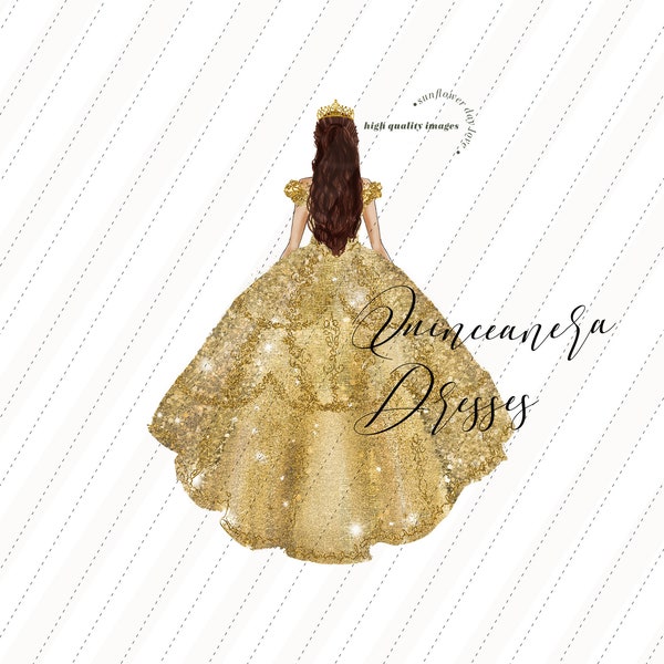 Elegant Gold Princess Dresses Quinceañera White Flowers watercolor Clipart, Greenery Floral clipart, Geometric Gold wedges Fashion, CA155