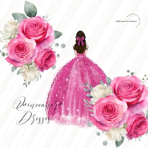 Fuchsia Pink Prinzessin Kleider Quinceaño Blumen Aquarell Clipart, Gold & Pink Geburtstag Vorgefertigte Mis Quince Keile Mode Clipart, CA104