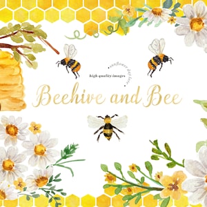 May include: Watercolor illustration of a beehive and bees with a yellow honeycomb background and white daisies. The text "Beehive and Bee" is written in gold lettering.