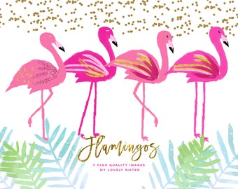 Pink Flamingo clipart, scrapbooking cupcake toppers, Planner stickers, Watercolor Tropical Flamingo Clipart, Tropical flamingos clip art,