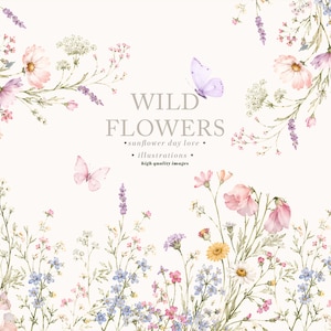 Può includere: Un'illustrazione digitale con delicati fiori di campo ad acquerello nelle tonalità del rosa, blu, giallo e bianco, accentuati da due farfalle viola chiaro. Il testo centrale recita WILD FLOWERS sunflower day love illustrations high quality images.