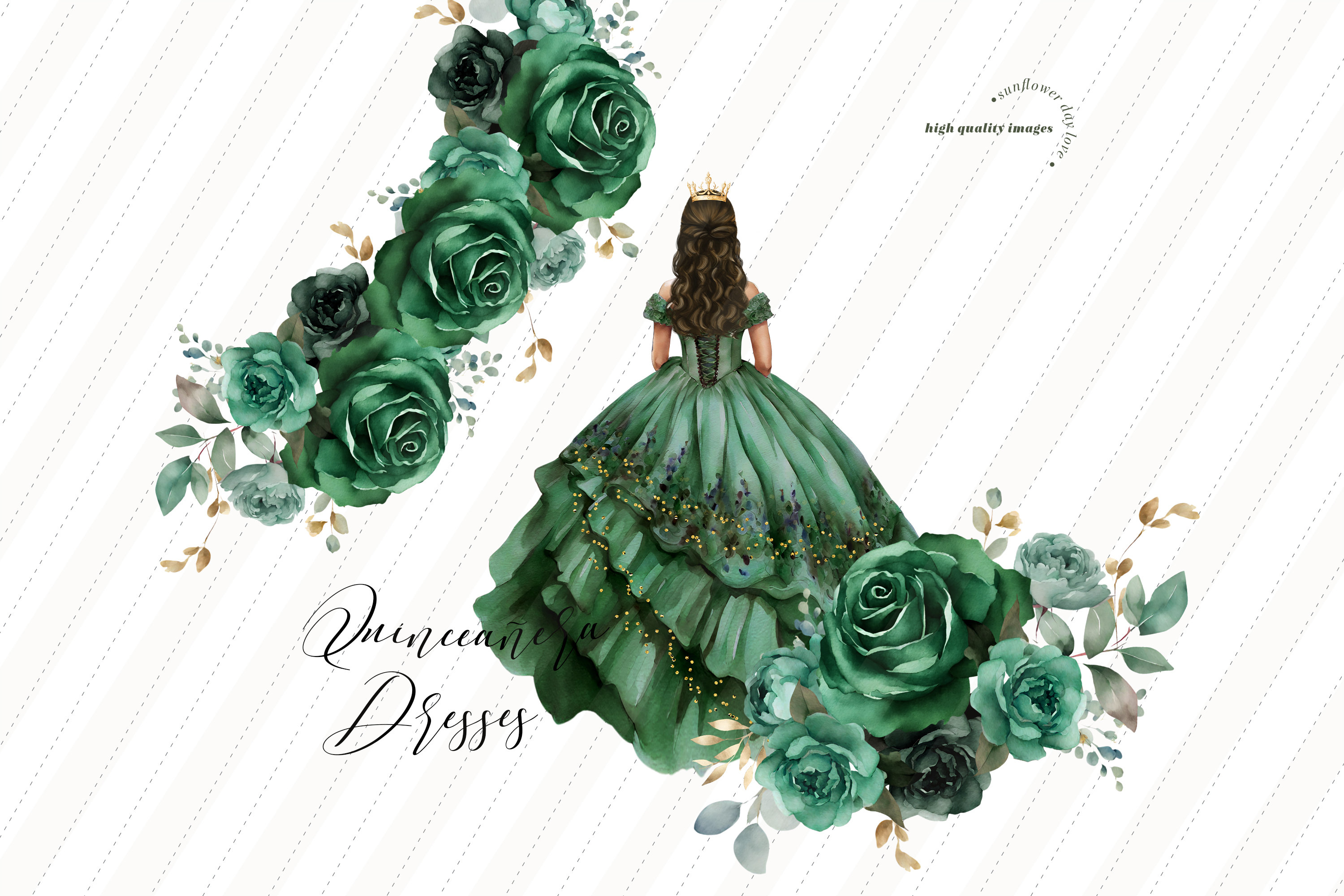 Emerald Green Princess Dress Clipart, Green Flowers Watercolor Hunter ...
