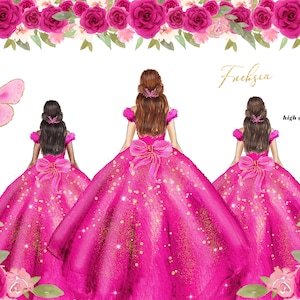 Fuchsie Rosa Prinzessin Kleider Quinceaño Rosa Blumen Aquarell Clipart, Gold und Rosa Schmetterling Clipart, Mis quince Keile Mode, CA154
