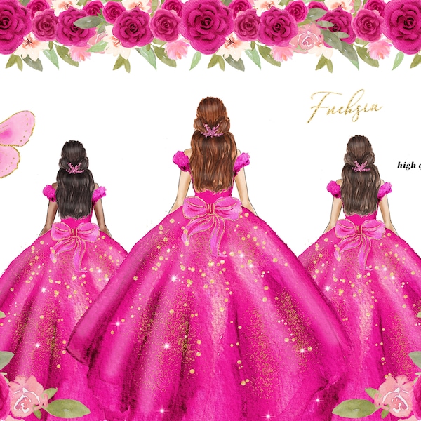 Fucsia Rosa Princesa Vestidos Quinceañera Flores Rosas acuarela Clipart, Oro y Rosa Mariposa clipart, Mis cuñas de quince Moda, CA154