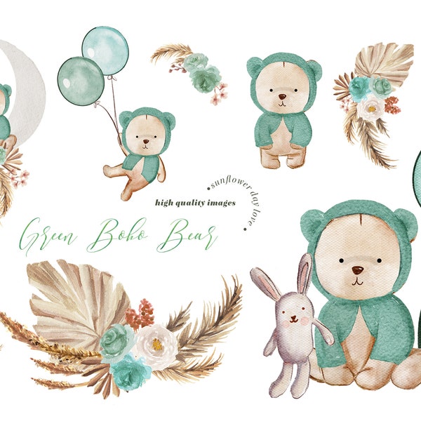 Grüner Bär Boho Pampas Grass Wunderlich Mond Clipart, Bären in Hoody Hood Ballon Babyparty, Aquarell Grün Blumen Clipart, Smaragdgrün