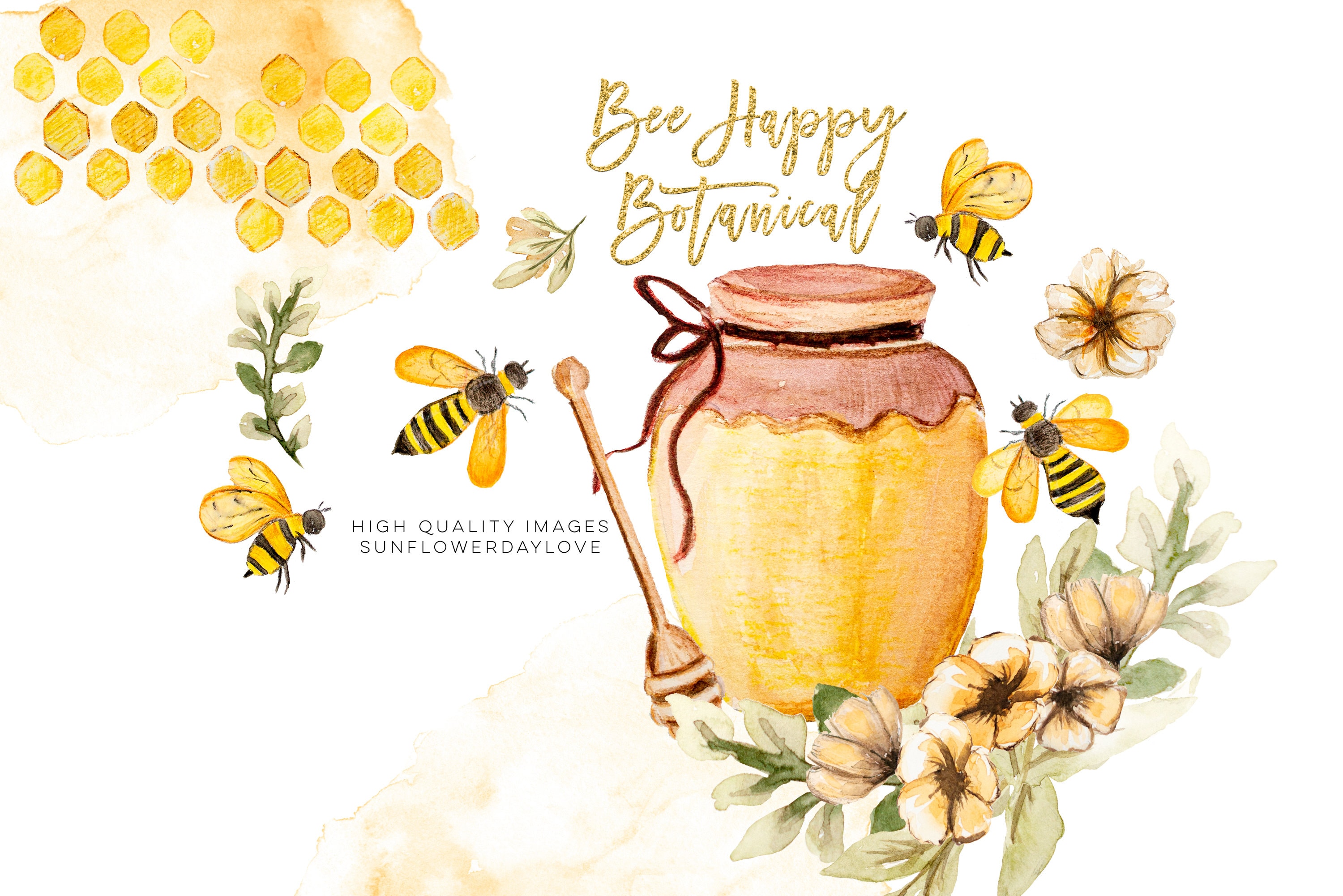 Watercolor Honey Bee Decor Clipart. (2038701)