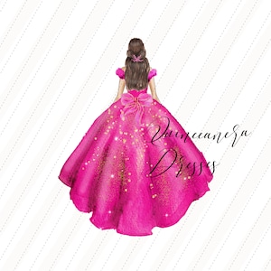 Fuchsie Rosa Prinzessin Kleider Quinceaño Rosa Blumen Aquarell Clipart, Gold und Rosa Schmetterling Clipart, Mis quince Keile Mode, CA154