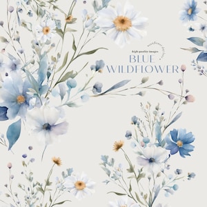 Watercolor Blue Wildflowers Clipart, Blue Flowers Bouquets Clipart, Elegant Blue Wildflowers Wedding Premade Gold Geometric Frame Clipart