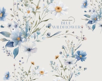 Watercolor Blue Wildflowers Clipart, Blue Flowers Bouquets Clipart, Elegant Blue Wildflowers Wedding Premade Gold Geometric Frame Clipart