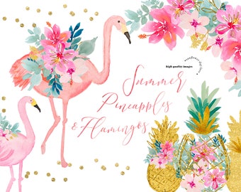 Tropical Clip Art, Pink Flamingos Watercolor Summer Clipart Set, Pineapple Summer Clipart, Gold Texture Pineapples, Greenery Summer Clipart