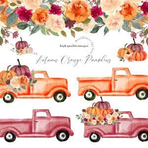 Fall Autumn Orange Pumpkins Truck clipart, Pumpkin watercolor clipart, Burnt Orange Pumpkin Floral Leaves, Pumpkin Truck Digital Clip art