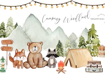 Nursery Camping Woodland Animals watercolor clipart, Cute Bear Fox Raccon Teepee Clipart, Pine Tree Forest Mountain baby shower clip art