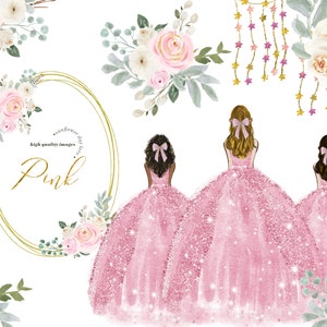 Elegante Rosa Prinzessinenkleider Quinceañora, Blush Rosa Blumen Aquarell Clipart, Grüne Blumen Clipart, Geometrische Keile Mode, CA104