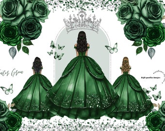 Clipart papillon robe de princesse vert émeraude, fleurs vert chasseur Quinceañera aquarelle argent couronne robe de mariée mexicaine Clipart CA171