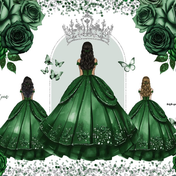 Emerald Green Princess Dress Butterfly Clipart, Hunter Green Flowers watercolor Quinceañera Silver Crown Mexican Wedding Dress Clipart CA171