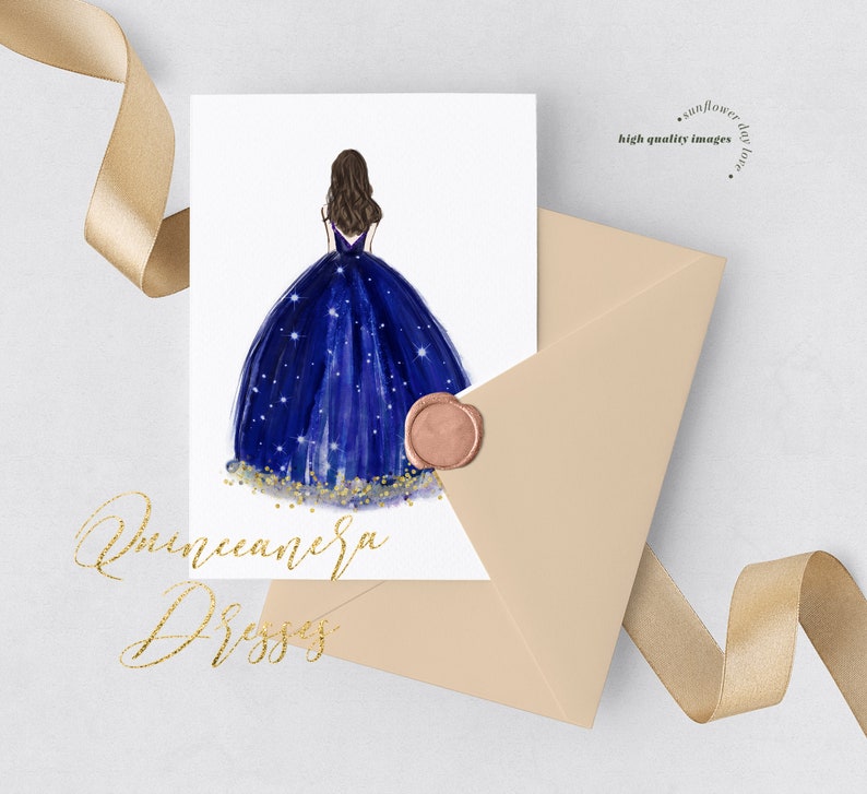 Navy Gold Princess Watercolor Clipart Elegant Navy Quineanera - Etsy