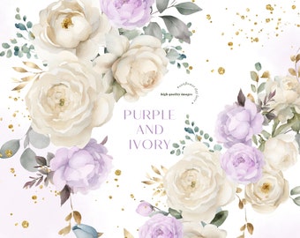 Élégant violet ivoire fleurs aquarelle bouquets des cliparts, lilas floral mariage Premade or cadres géométriques blanc ivoire articles de fête