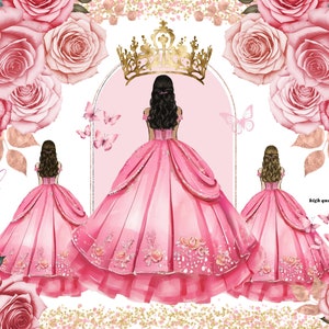Elegante Rosa Prinzessin Kleider Quinceamaßa Rosa Blumen Aquarell Clipart, Gold Rosa Schmetterling Mis quitte Krone Keile Mode Clipart CA171