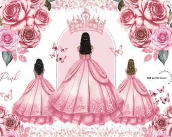 Princess Pink Dress Butterfly Rose Floral Clipart, Pink Flowers watercolor Quinceañera Rose Gold Crown Mexican Wedding Dress Clipart, CA171