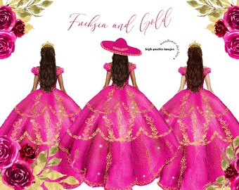 Princesse rose fuchsia robe papillon Rose Floral Clipart, fleurs rose fuchsia aquarelle couronne de Quinceañera mariage mexicain Clipart, CA155